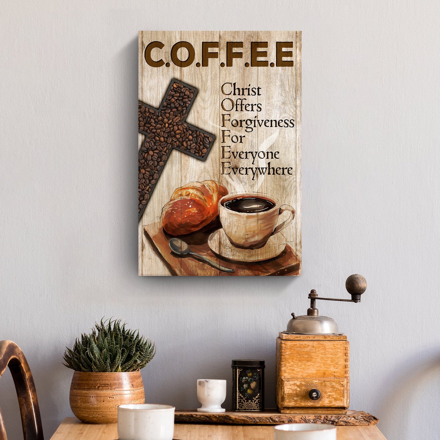 Christ And Coffee Faith Sign canvas with wood panel and coffee bean cross on Tampa Home & Garden Store