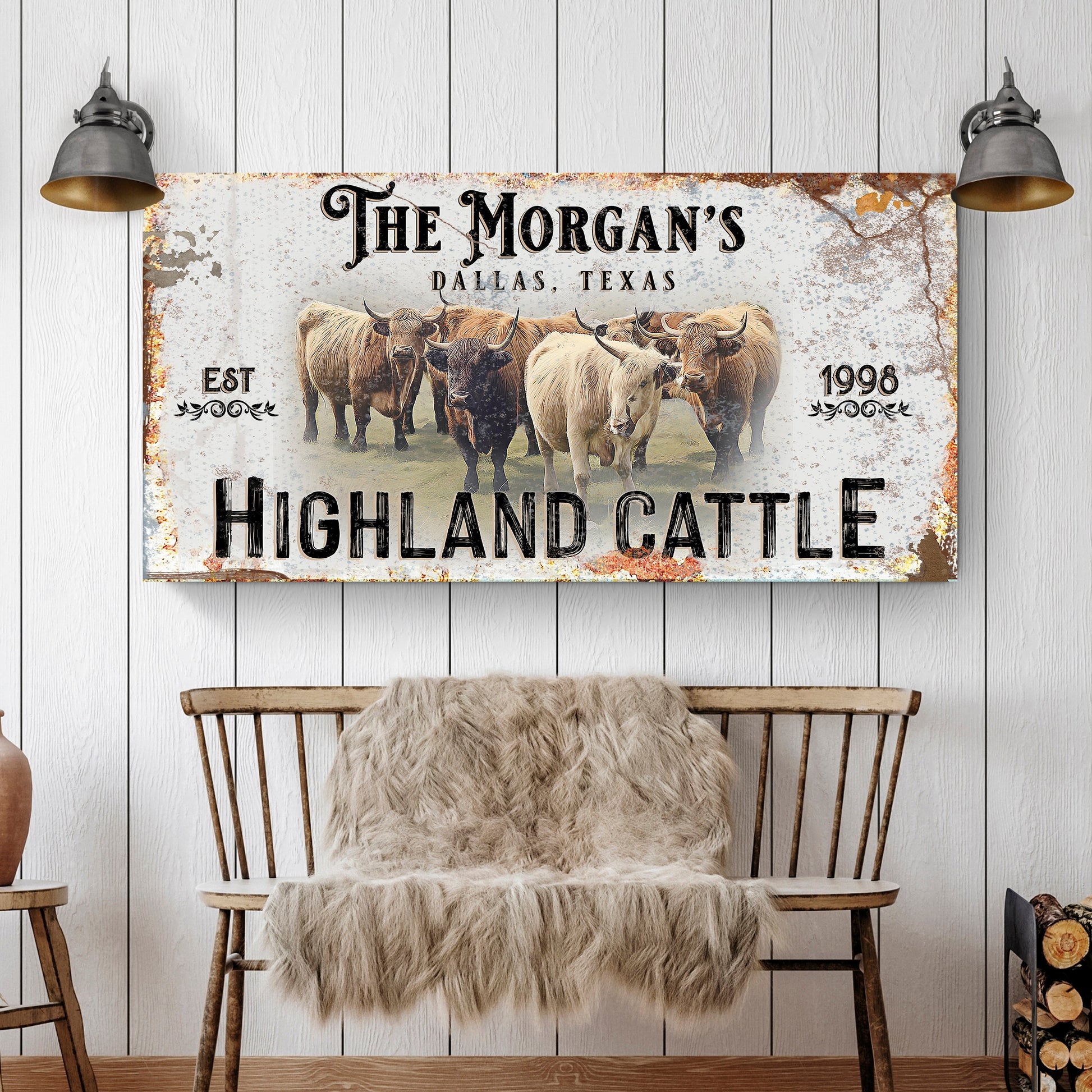 Personalized Highland Cattle Sign III canvas by Tailored Canvases, rustic sign with cattle on Tampa Home & Garden Store
