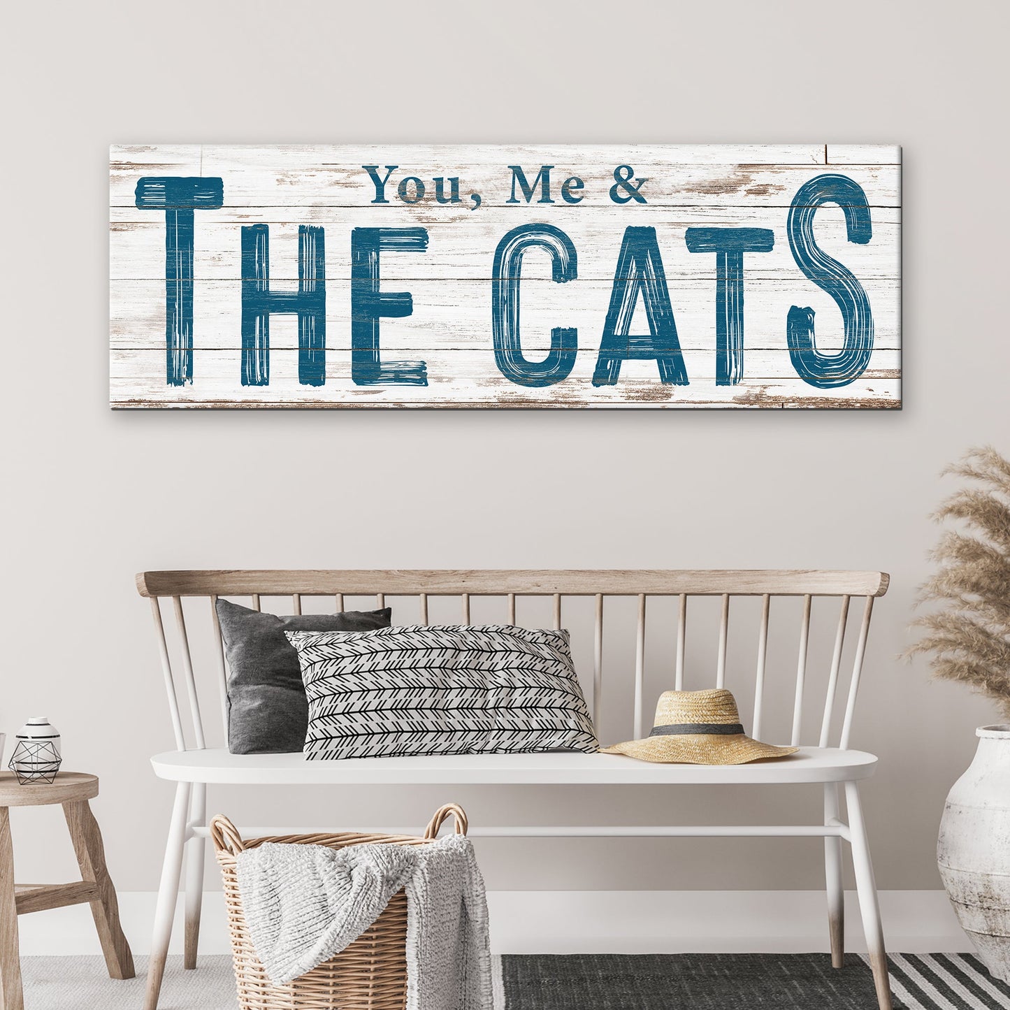 You, Me & The Cats canvas sign with teal lettering on whitewashed wood by Tailored Canvases on Tampa Home & Garden Store
