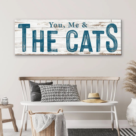 You, Me & The Cats canvas sign with teal lettering on whitewashed wood by Tailored Canvases on Tampa Home & Garden Store