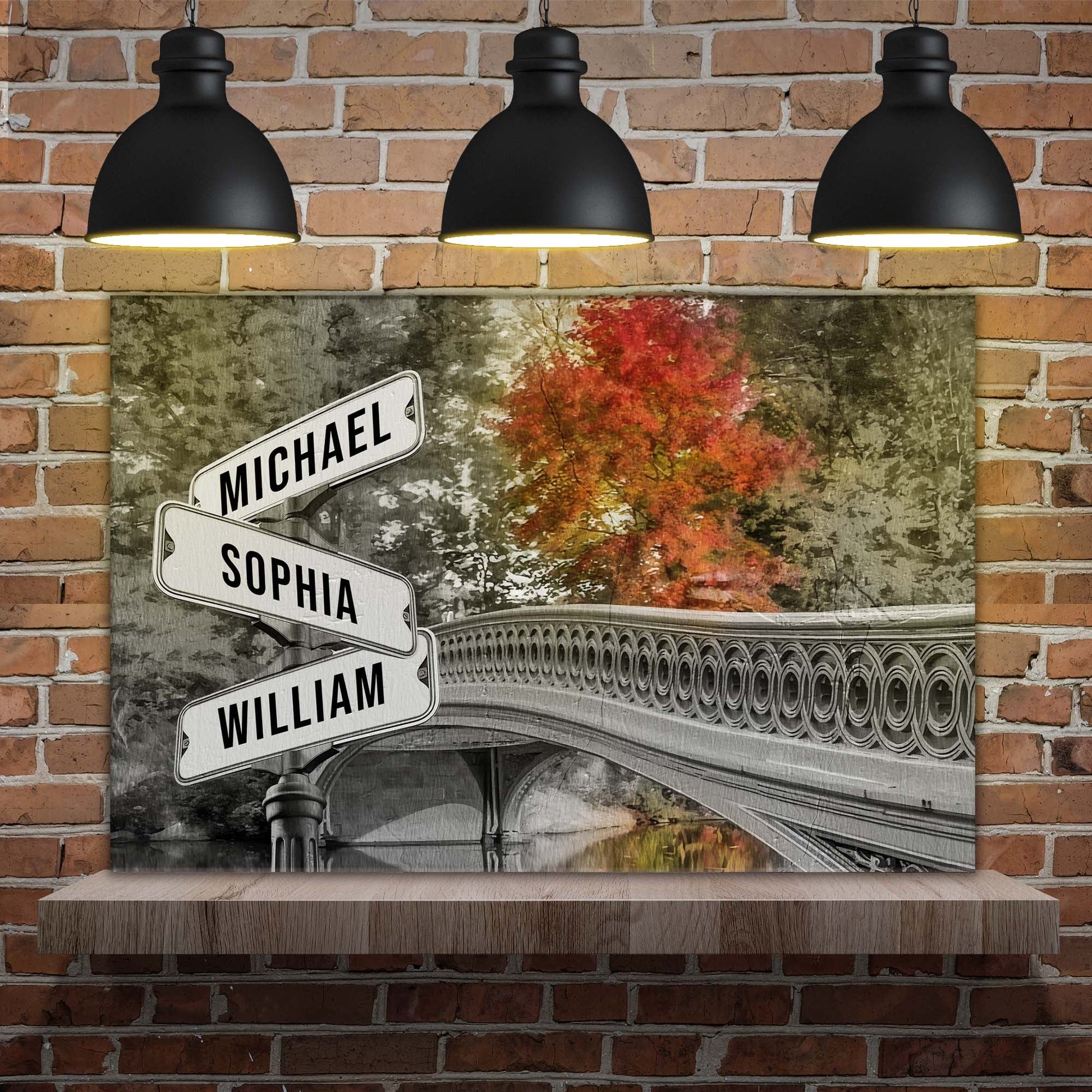 Autumn Bridge Family Names Sign Tailored Canvases Michael Sophia William brick backdrop on Tampa Home & Garden Store