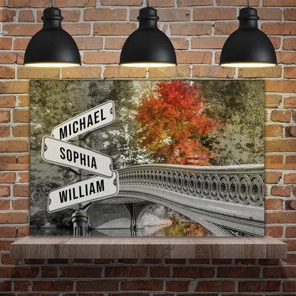 Autumn Bridge Family Names Sign Tailored Canvases Michael Sophia William brick backdrop on Tampa Home & Garden Store