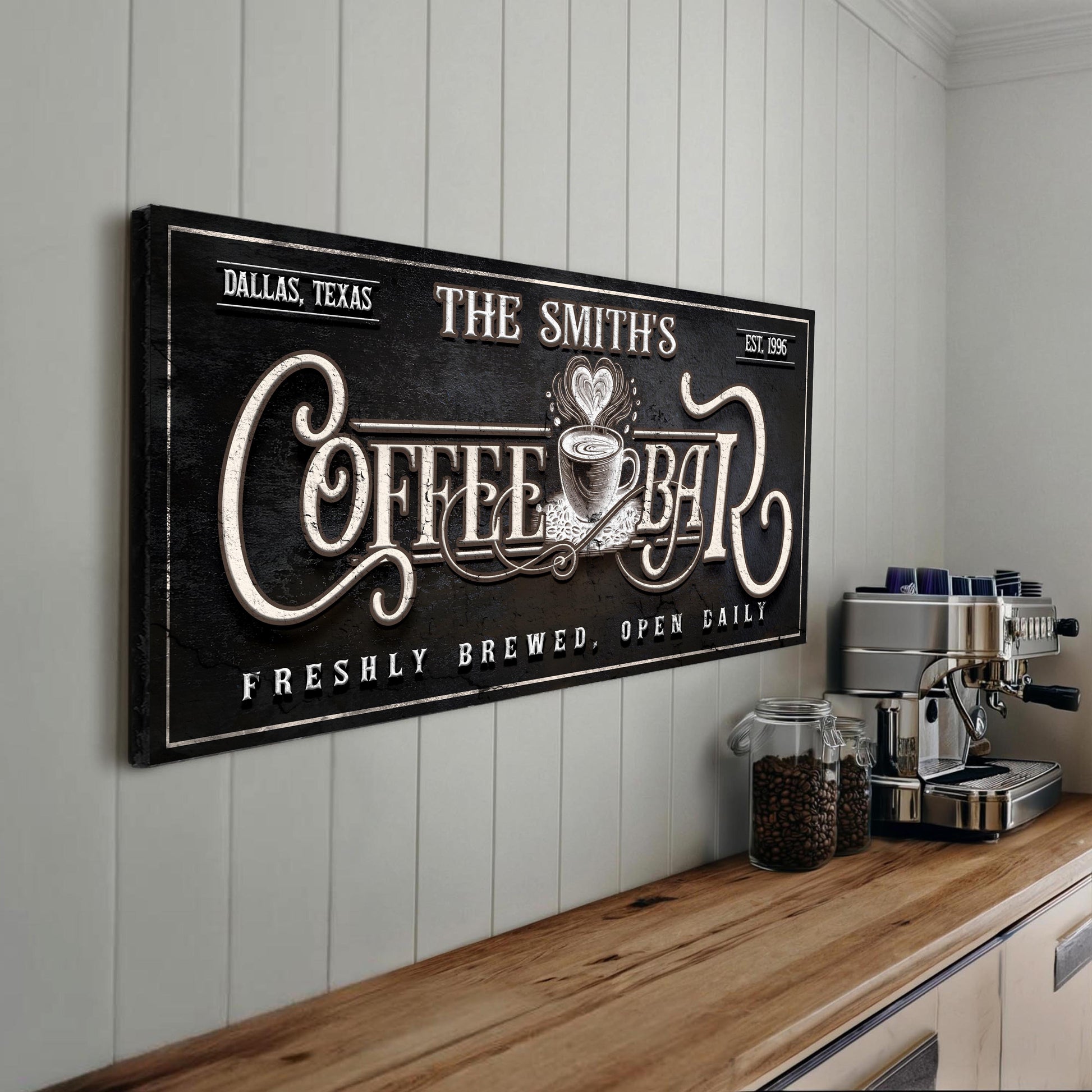 Personalized Coffee Bar Sign canvas by Tailored Canvases with vintage coffee motif on Tampa Home & Garden Store