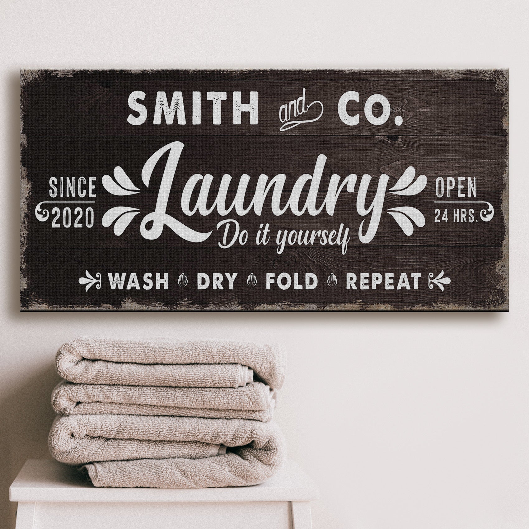 Laundry Room Sign canvas by Tailored Canvases with rustic wood grain and white lettering on Tampa Home & Garden Store