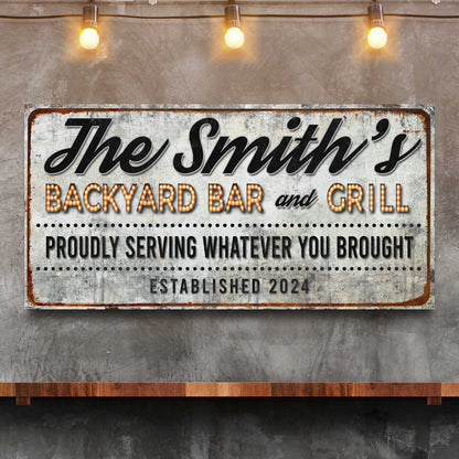 Backyard Bar & Grill Sign canvas by Tailored Canvases with rusted edge and orange letters on Tampa Home & Garden Store