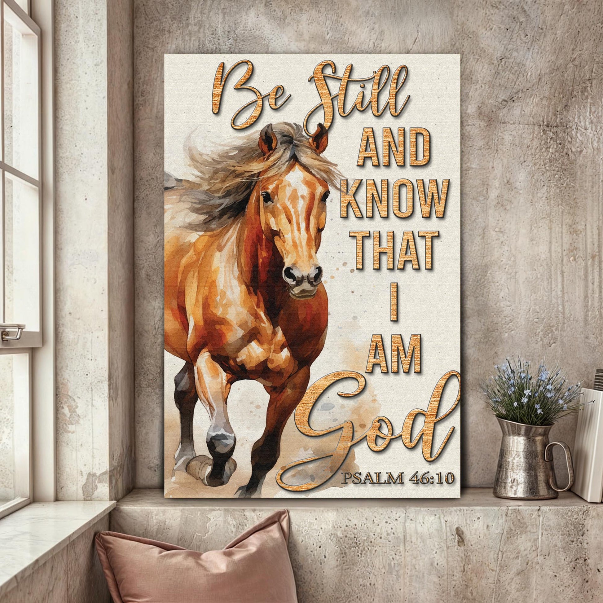 Tailored Canvases Be Still And Know That I Am God faith sign canvas with horse on beige texture on Tampa Home & Garden Store