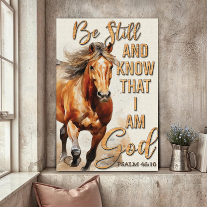 Tailored Canvases Be Still And Know That I Am God faith sign canvas with horse on beige texture on Tampa Home & Garden Store