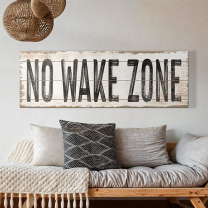 No Wake Zone Sign XVII canvas by Tailored Canvases; white sign with bold black typography on Tampa Home & Garden Store