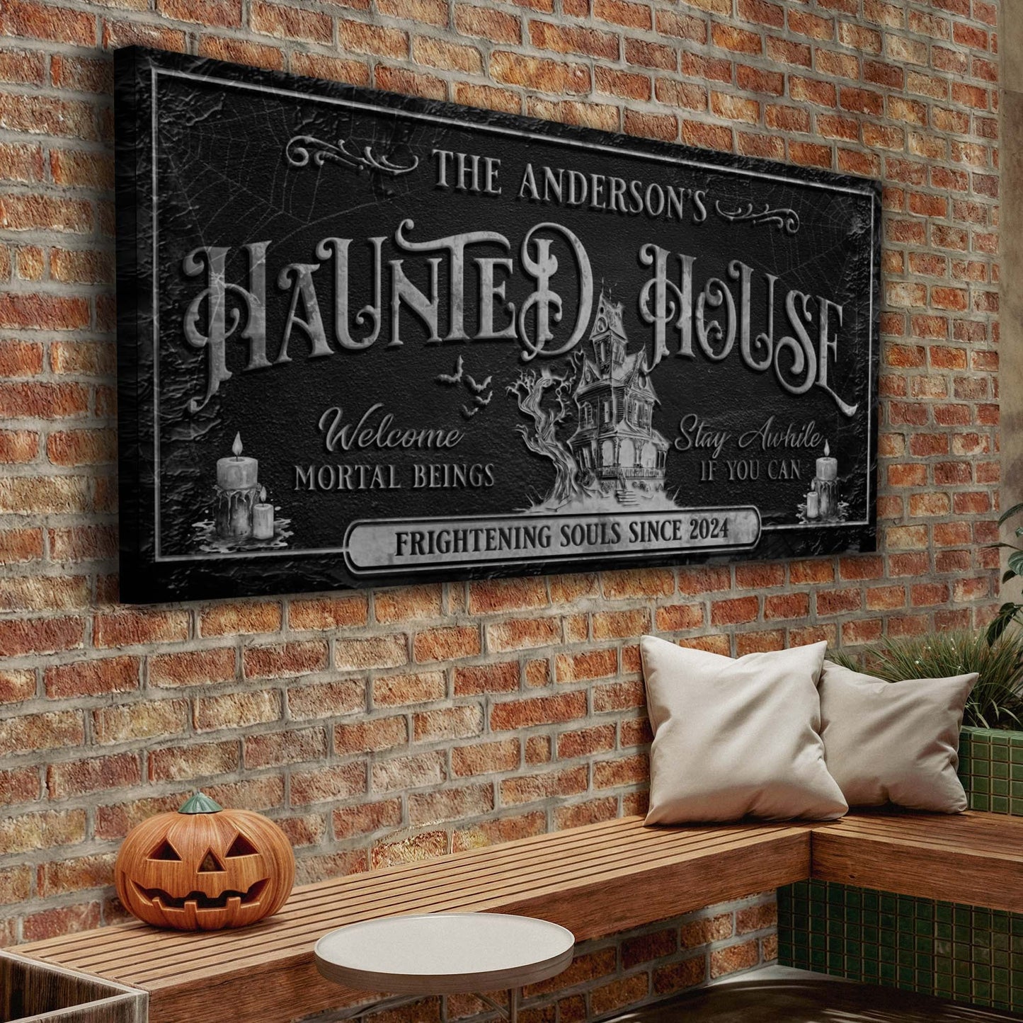 Personalized Haunted House Sign canvas by Tailored Canvases; black surface with ornate lettering on Tampa Home & Garden Store