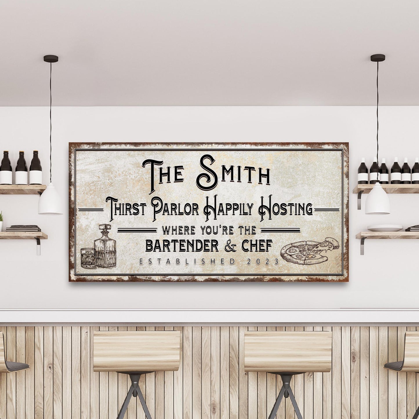 Canvas sign Family Thirst Parlor Happily Hosting with distressed frame by Tailored Canvases on Tampa Home & Garden Store