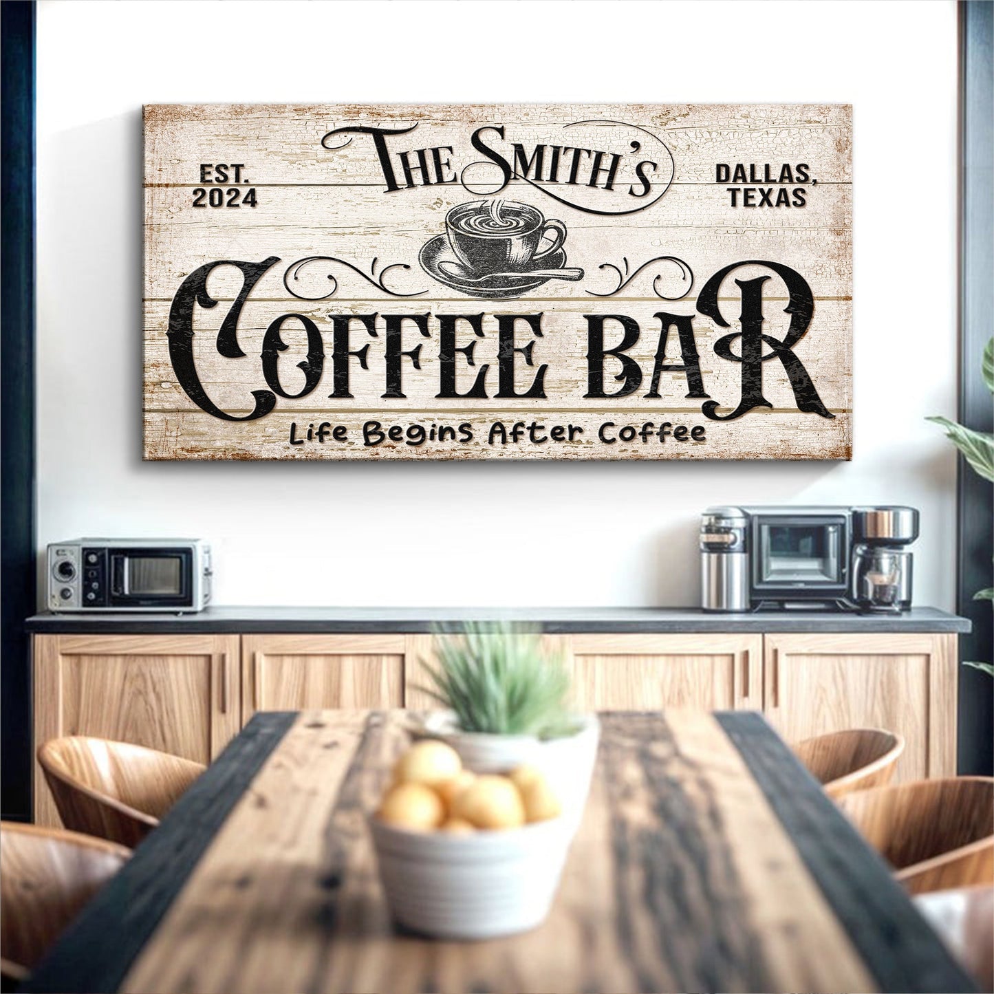 Personalized Coffee Bar Sign IV canvas by Tailored Canvases with rustic wood backdrop on Tampa Home & Garden Store