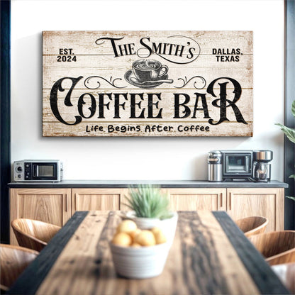 Personalized Coffee Bar Sign IV canvas by Tailored Canvases with rustic wood backdrop on Tampa Home & Garden Store