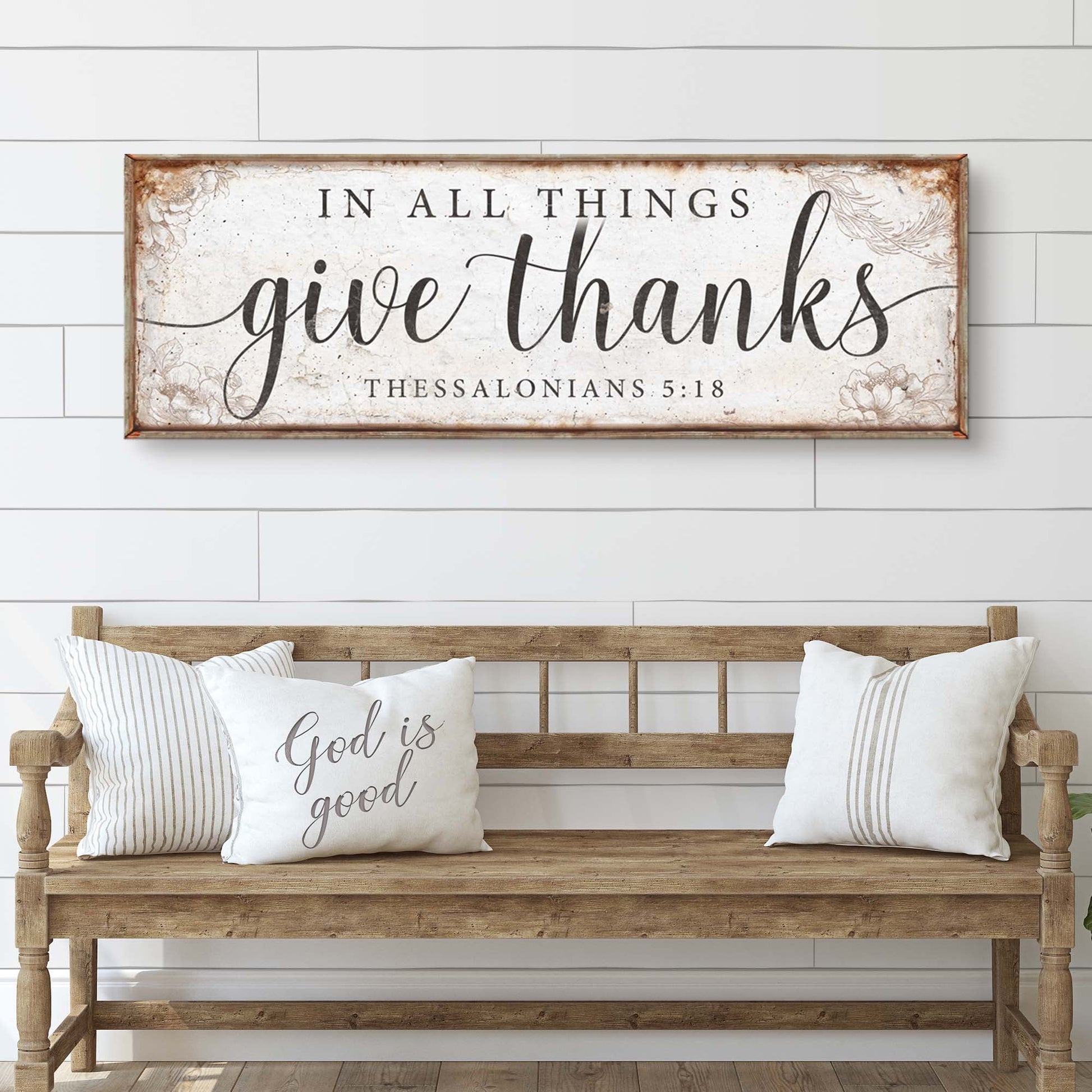 Canvas sign In All Things Give Thanks Thessalonians 5:18 with script, rustic frame on Tampa Home & Garden Store