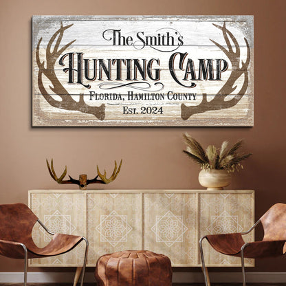 Canvas sign The Smith's Hunting Camp with antler motif on whitewashed wood Tailored Canvases on Tampa Home & Garden Store
