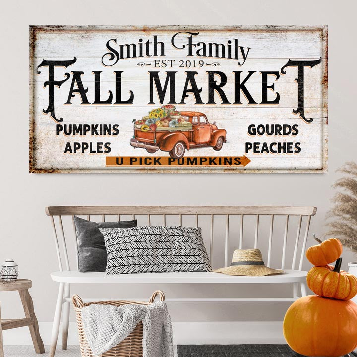 Fall Market Pumpkin Patch Sign canvas wall art by Tailored Canvases, rustic white with pumpkins on Tampa Home & Garden Store