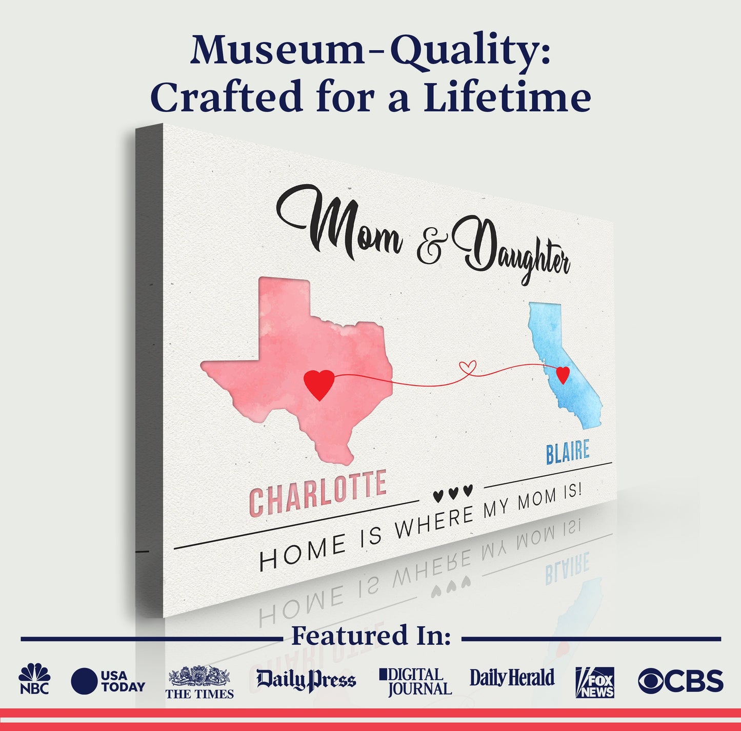 Mother's Day sign canvas by Tailored Canvases with watercolor state shapes and hearts on Tampa Home & Garden Store