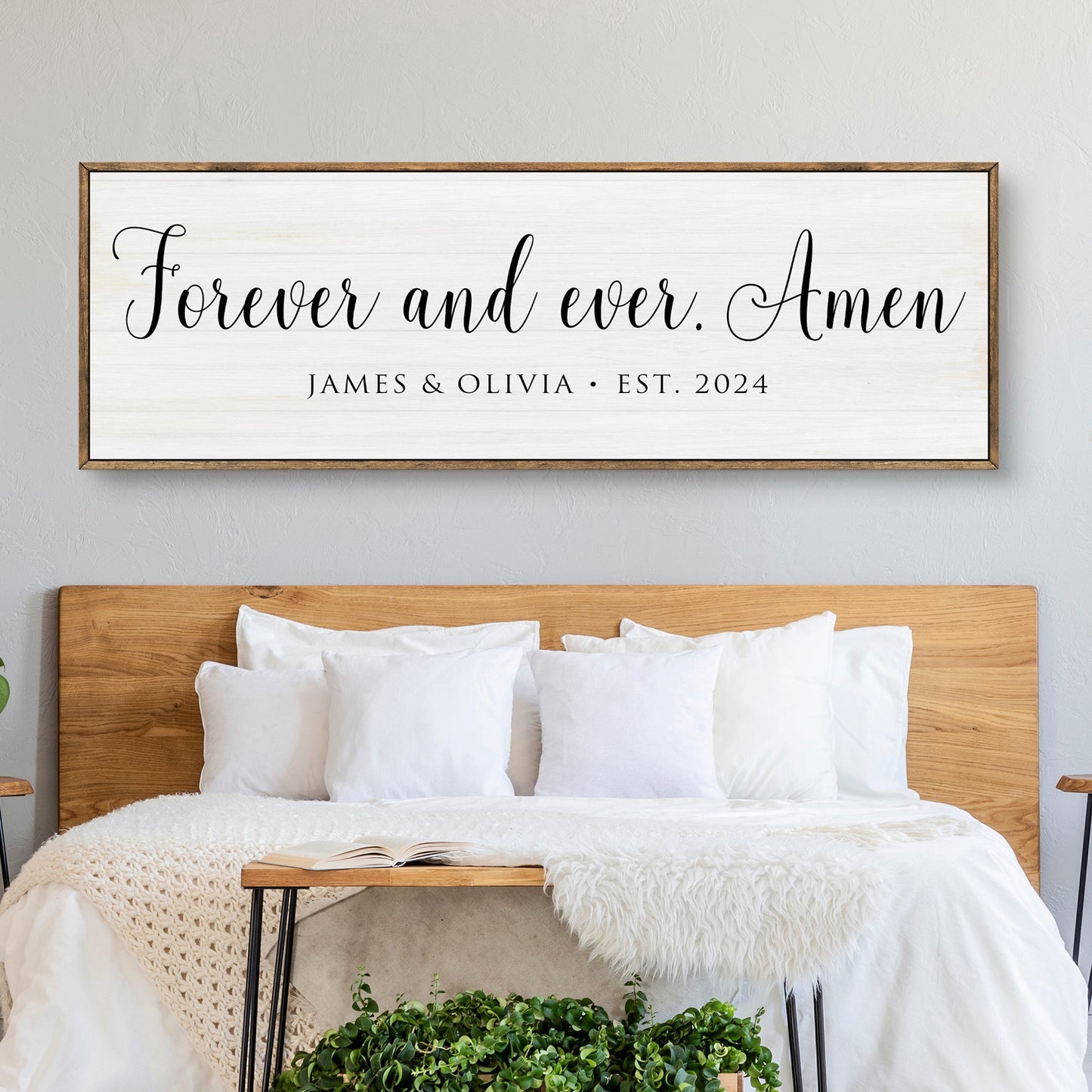 Forever And Ever Amen faith sign canvas with whitewashed panel and natural wood frame on Tampa Home & Garden Store