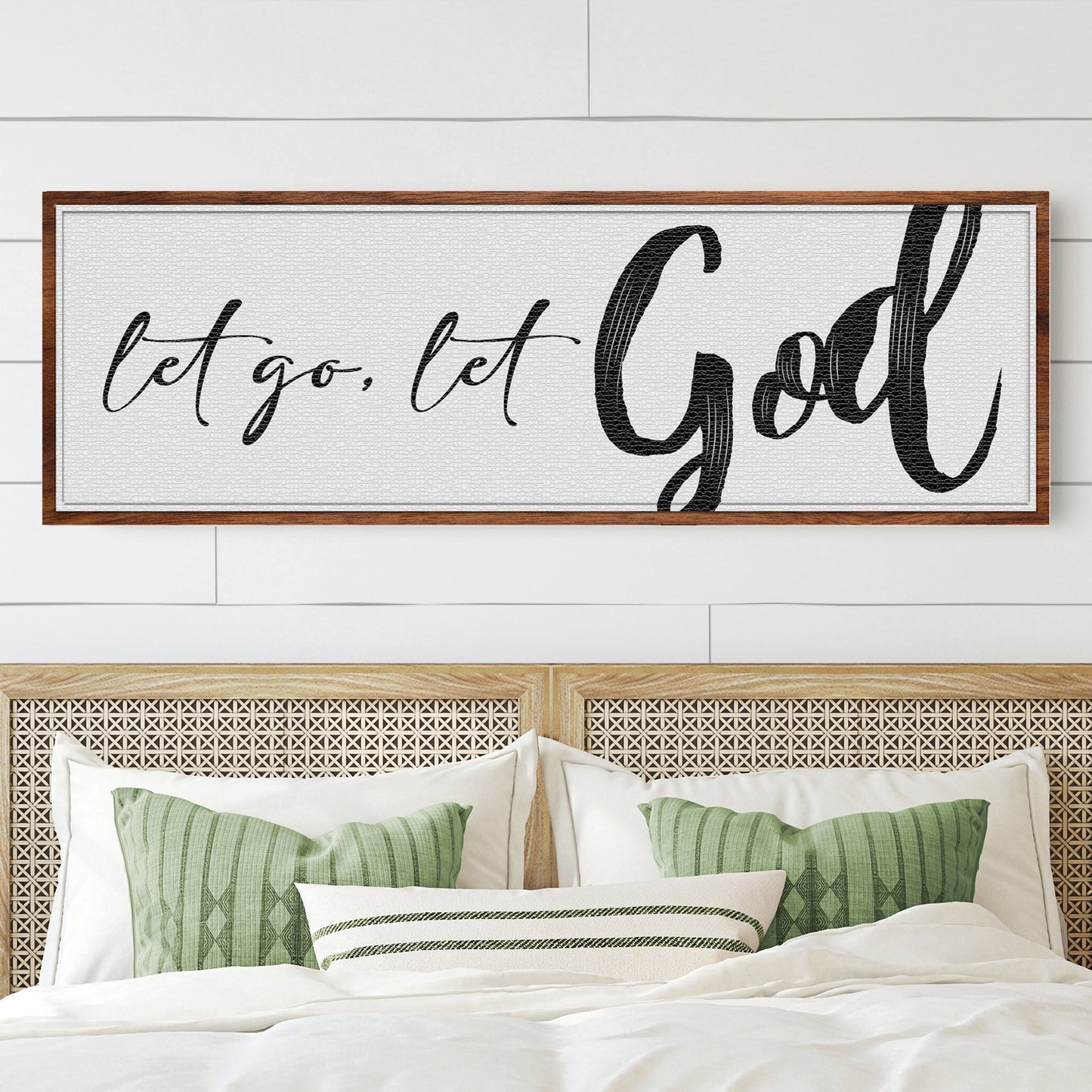 Let Go Let God sign VI canvas by Tailored Canvases with textured white background in wood frame on Tampa Home & Garden Store