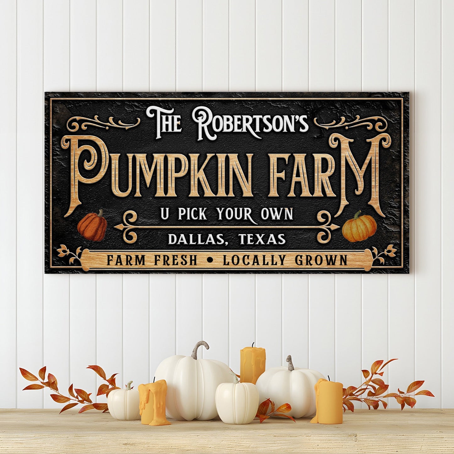 Canvas sign Robertson's Pumpkin Farm Halloween with black lettering by Tailored Canvases on Tampa Home & Garden Store