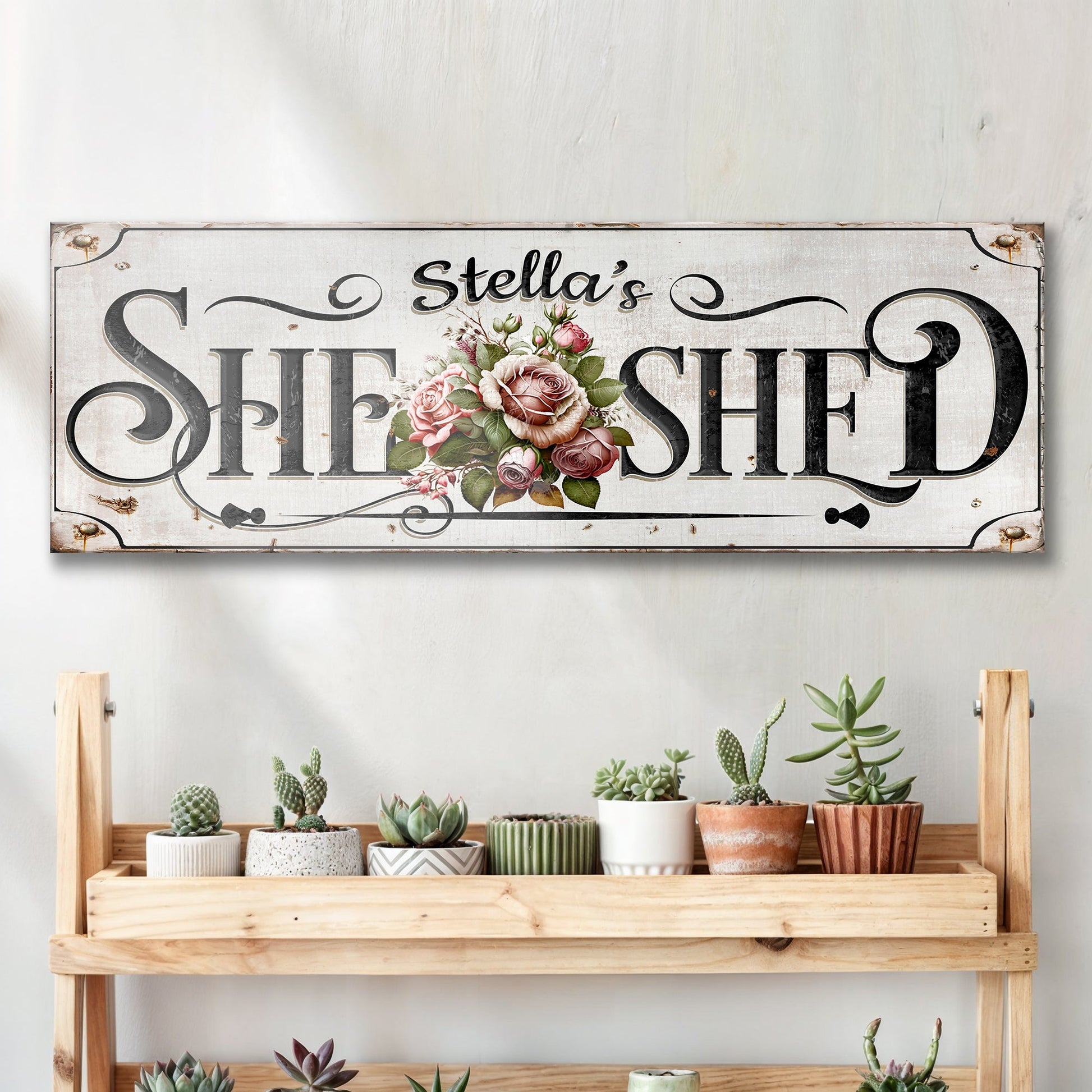 Personalized She Shed Sign canvas by Tailored Canvases with floral bouquet and distressed finish on Tampa Home & Garden Store
