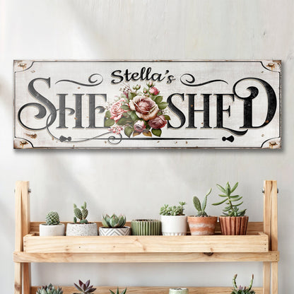 Personalized She Shed Sign canvas by Tailored Canvases with floral bouquet and distressed finish on Tampa Home & Garden Store