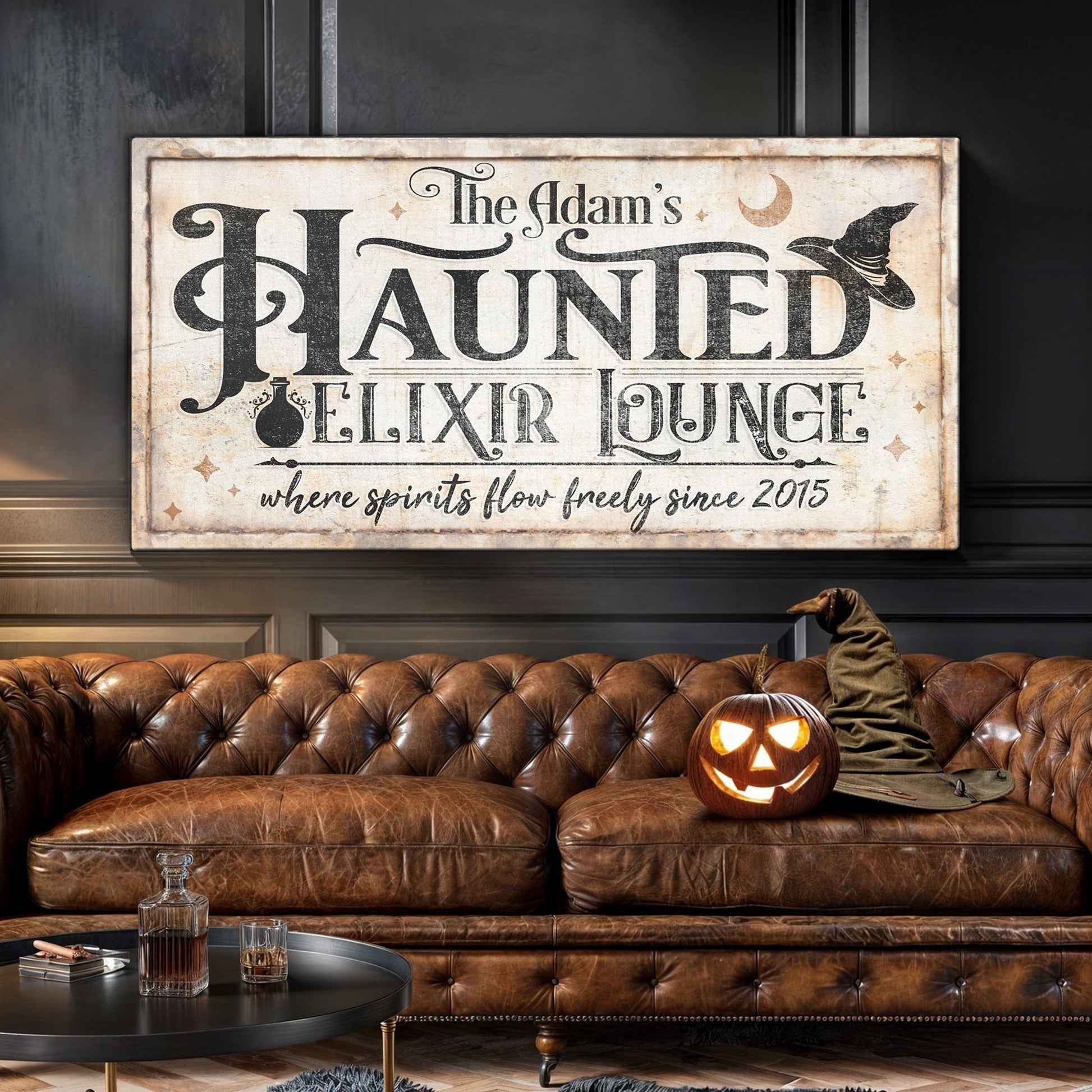 Canvas sign The Haunted Elixir Lounge II by Tailored Canvases with distressed cream background on Tampa Home & Garden Store