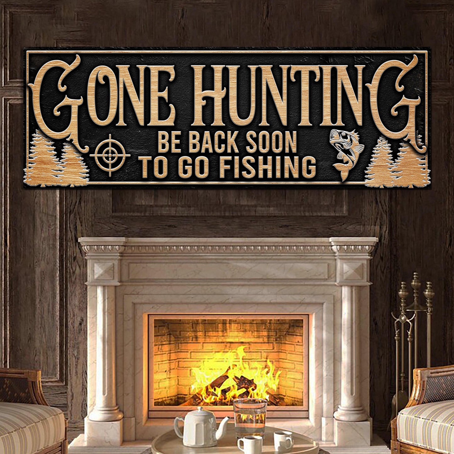 Gone Hunting canvas sign by Tailored Canvases with gold lettering on black rustic frame on Tampa Home & Garden Store