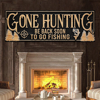 Gone Hunting canvas sign by Tailored Canvases with gold lettering on black rustic frame on Tampa Home & Garden Store