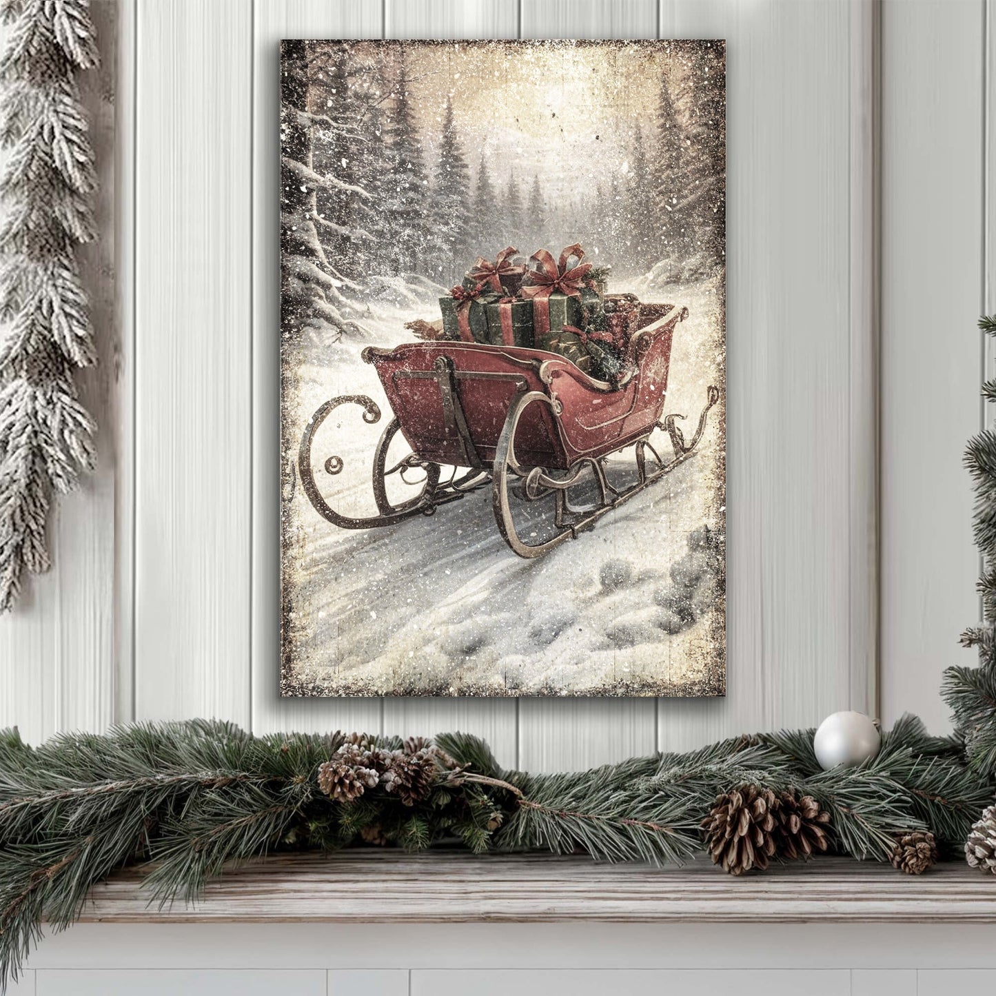 Vintage Christmas Sleigh Sled Canvas, red sleigh with gifts in snowy forest on Tampa Home & Garden Store