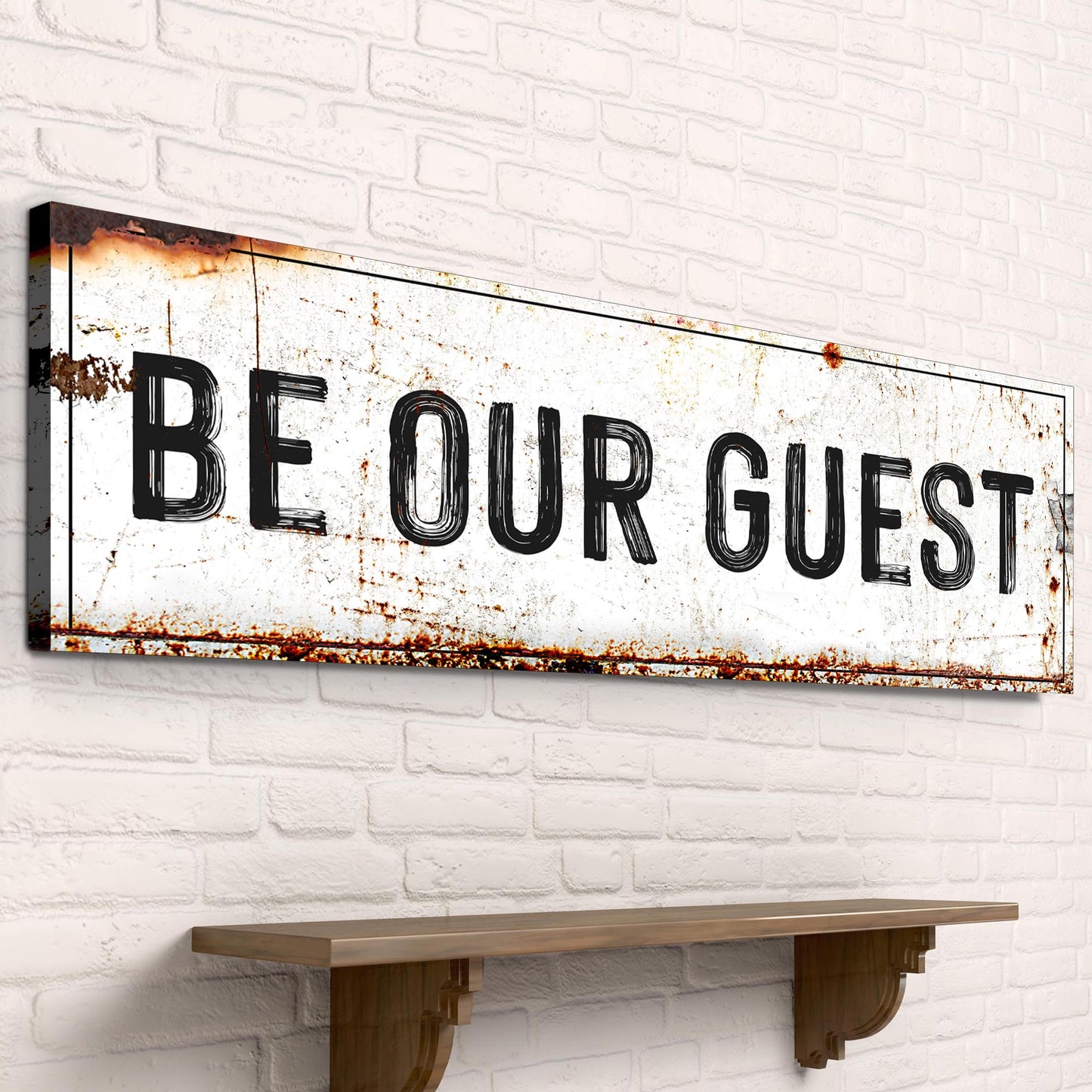 Be Our Guest Sign V canvas by Tailored Canvases, rustic white with bold letters specks on Tampa Home & Garden Store