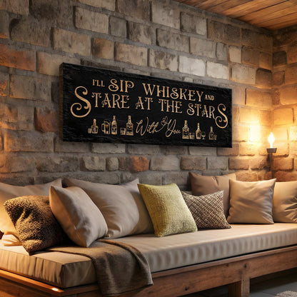 Canvas sign I'll Sip Whiskey And Stare At The Stars with gold lettering and bottle icons on Tampa Home & Garden Store