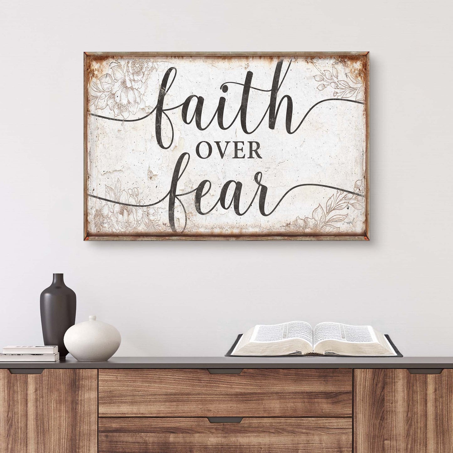 Faith Over Fear canvas sign; rustic wood frame, distressed white panel with floral accents on Tampa Home & Garden Store
