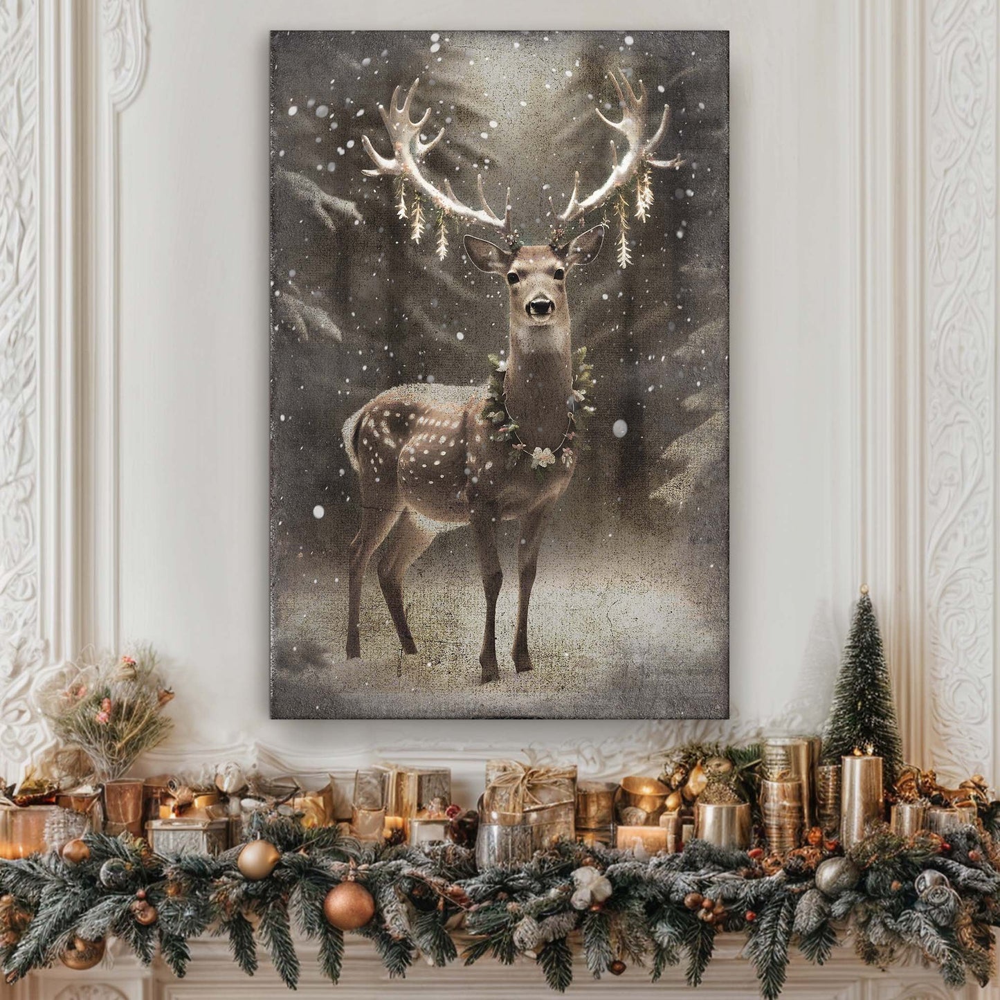 Vintage Winter Deer Christmas Wall Art canvas featuring a majestic deer with snowy backdrop on Tampa Home & Garden Store