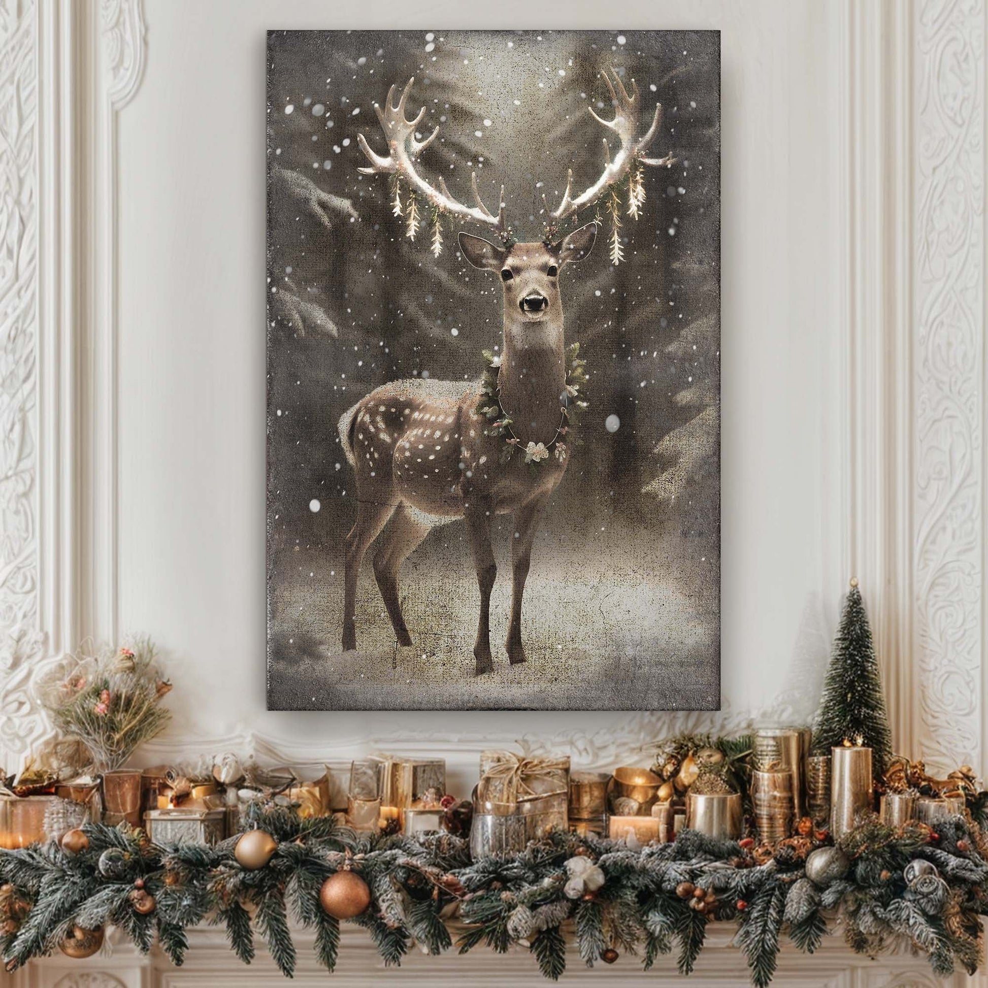 Vintage Winter Deer Christmas Wall Art canvas featuring a majestic deer with snowy backdrop on Tampa Home & Garden Store