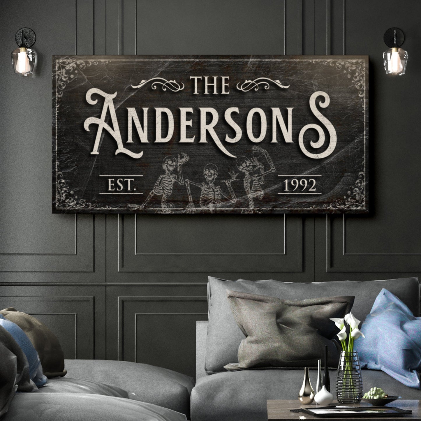 Gothic Family Sign IV canvas in distressed black with white typography by Tailored Canvases on Tampa Home & Garden Store
