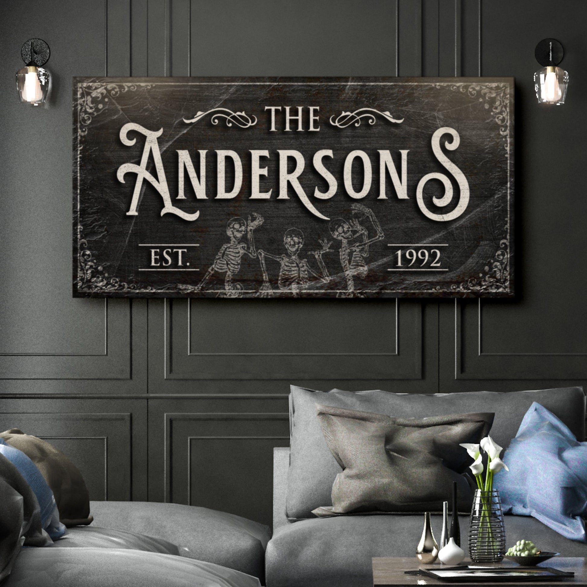 Gothic Family Sign IV canvas in distressed black with white typography by Tailored Canvases on Tampa Home & Garden Store