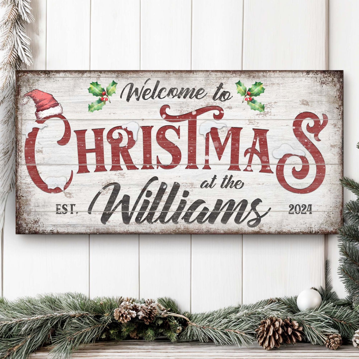 Family Welcome To Christmas Sign V canvas crafting sign with white wood and red lettering on Tampa Home & Garden Store