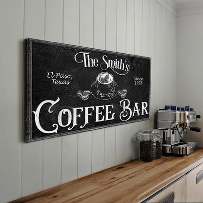 Personalized Coffee Bar Sign VI canvas by Tailored Canvases in black with white typography on Tampa Home & Garden Store