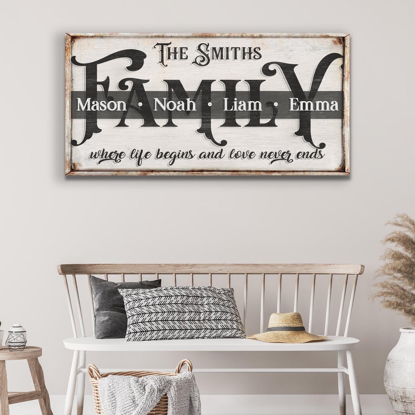 Family Sign XXIII canvas wall art with weathered wood and bold black typography with 4 names Mason, Noah, Liam, Emma on Tampa Home & Garden Store