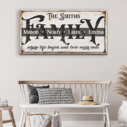 Family Sign XXIII canvas wall art with weathered wood and bold black typography with 4 names Mason, Noah, Liam, Emma on Tampa Home & Garden Store