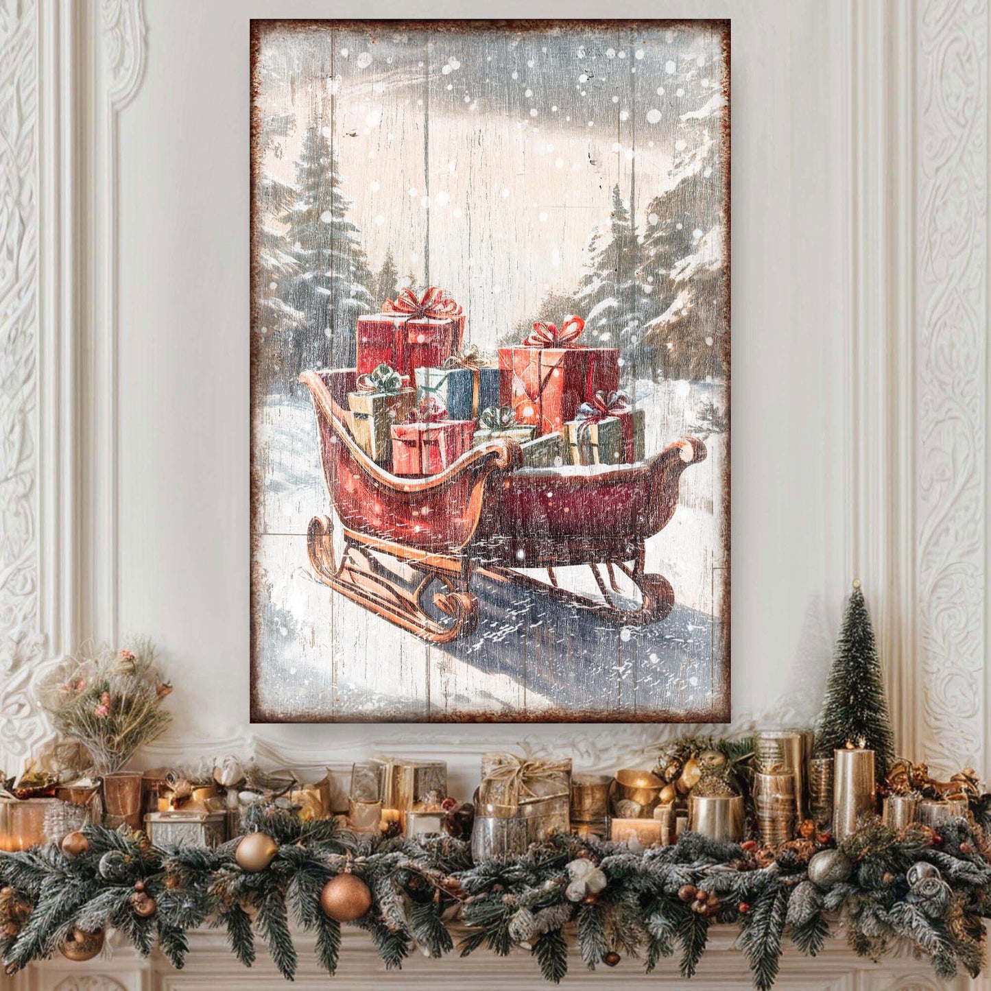 Vintage Christmas Sleigh Sled Wall Art V canvas by Tailored Canvases, snowy rustic scene with gifts on Tampa Home & Garden Store