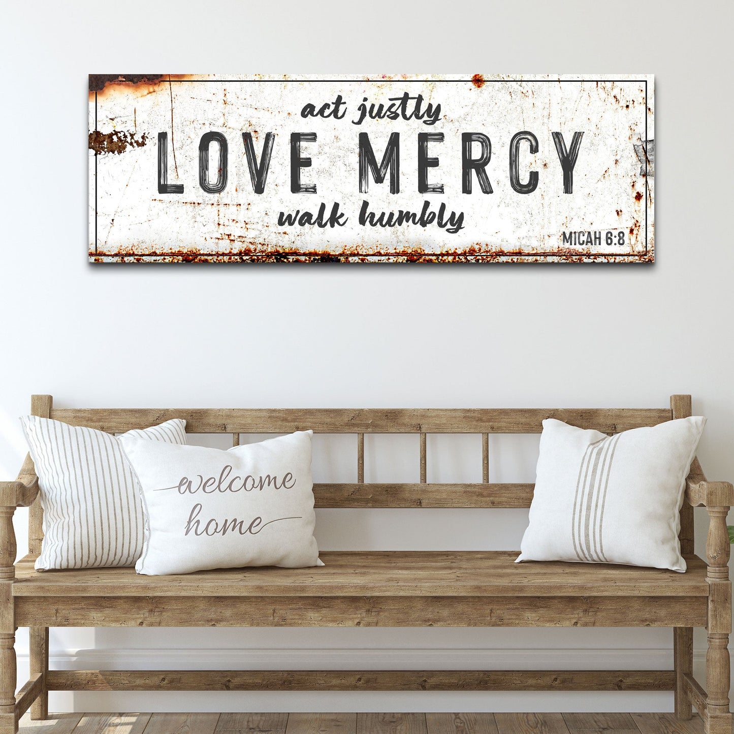 Act Justly Love Mercy Walk Humbly Faith Sign canvas by Tailored Canvases with rustic backdrop on Tampa Home & Garden Store
