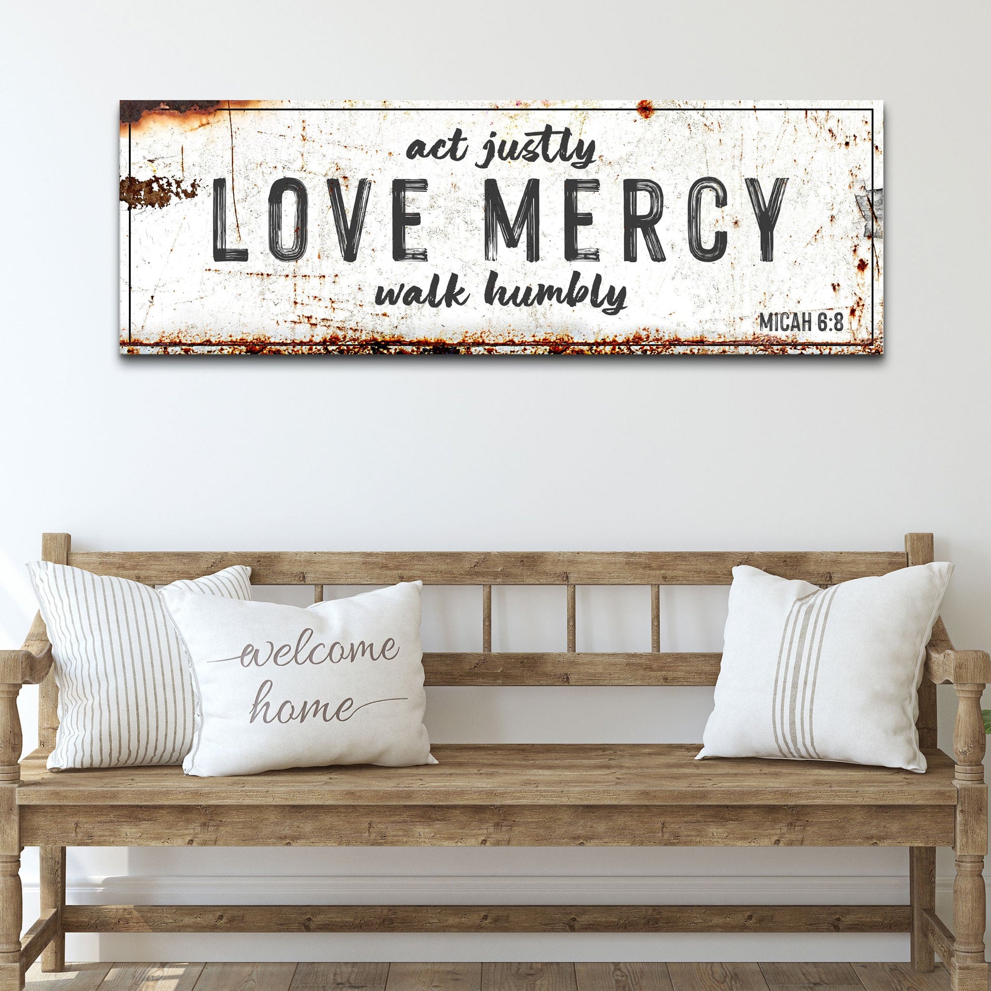 Act Justly Love Mercy Walk Humbly Faith Sign canvas by Tailored Canvases with rustic backdrop on Tampa Home & Garden Store