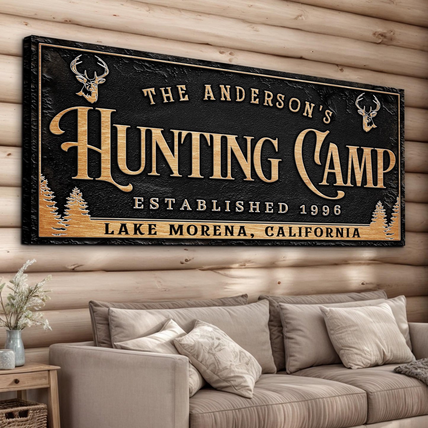 Personalized Family Hunting Camp Sign canvas with gold lettering on black and deer antler accents on rustic backdrop on Tampa Home & Garden Store