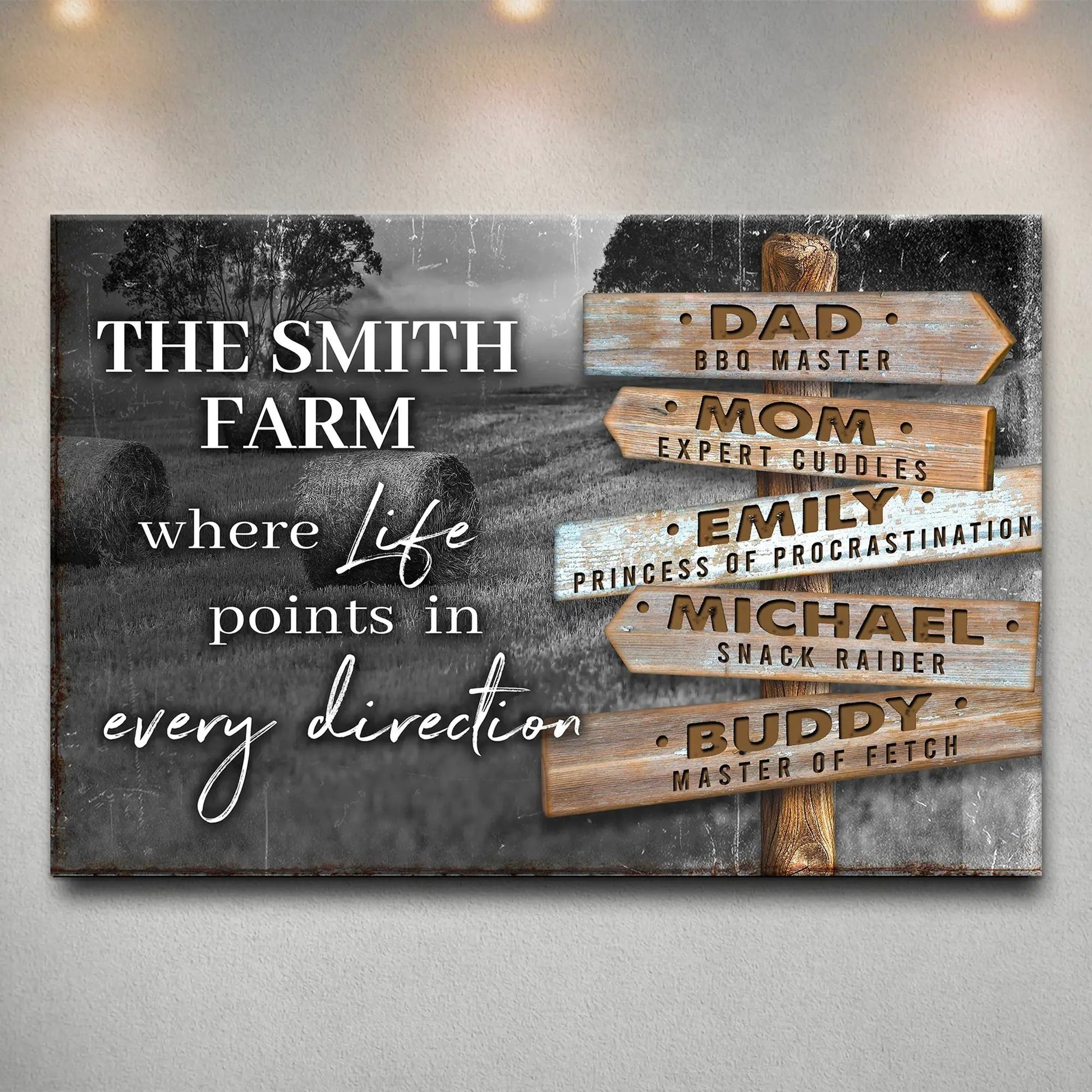 Canvas sign Where Life Points In Every Direction Family Farm Names with rustic wooden arrows on Tampa Home & Garden Store