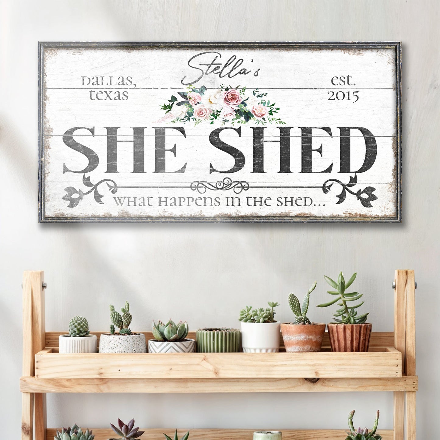 Personalized She Shed Sign VII canvas with floral bouquet on Tampa Home & Garden Store