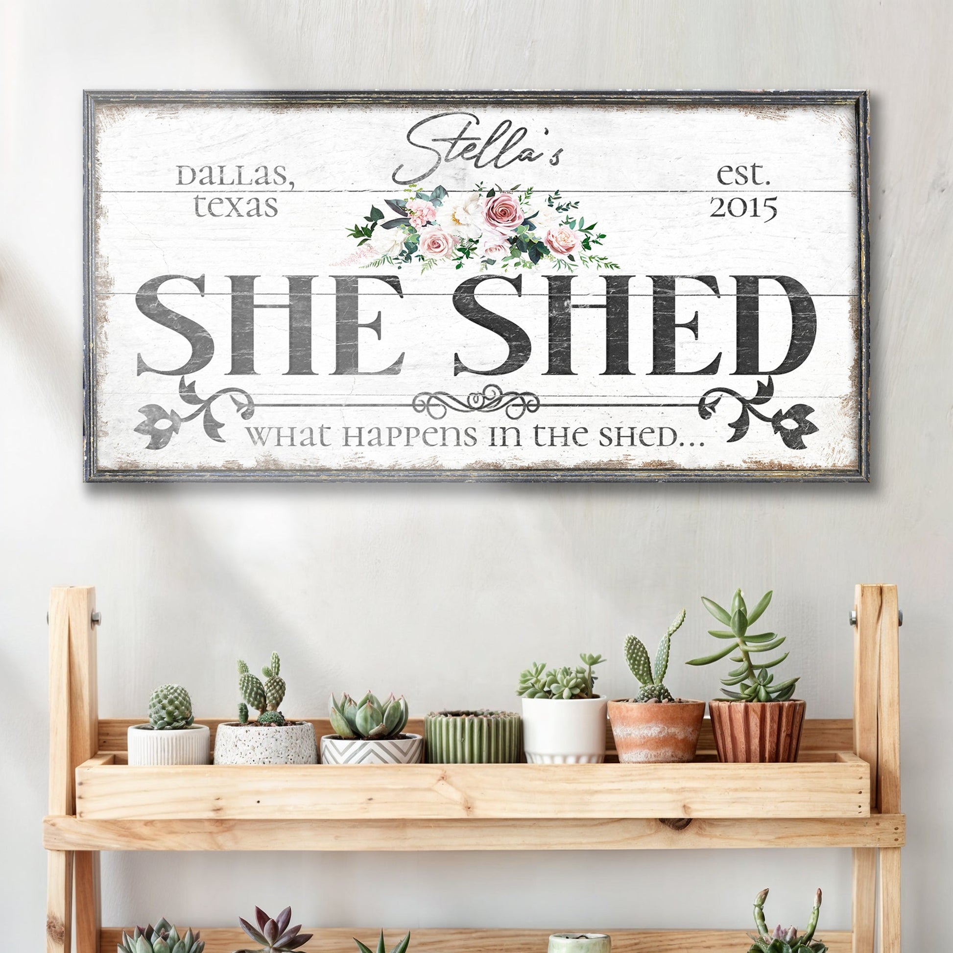 Personalized She Shed Sign VII canvas with floral bouquet on Tampa Home & Garden Store