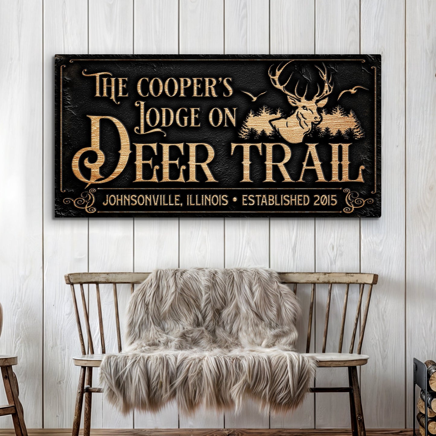 Hunting Lodge Sign Canvas with copper lettering and deer motif Tailored Canvases on Tampa Home & Garden Store