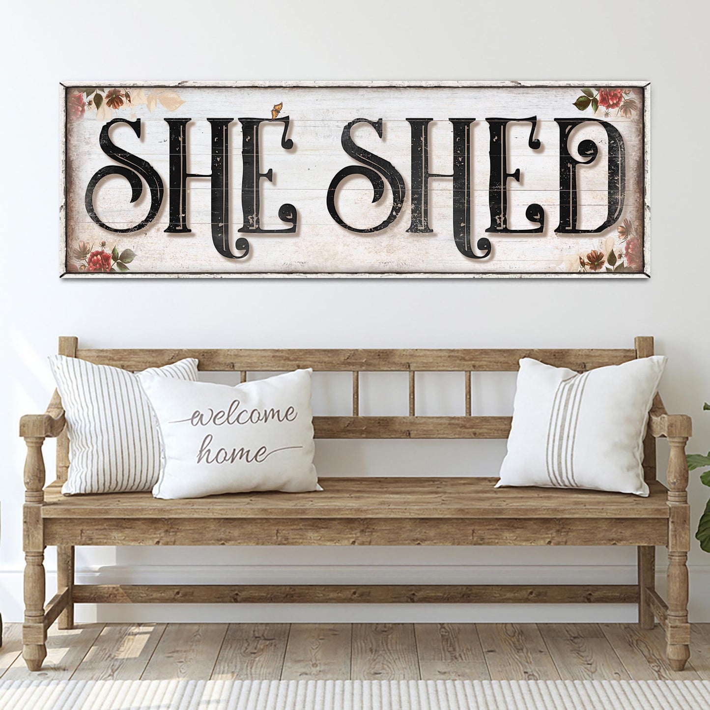 Personalized She Shed Sign XV canvas with rustic whitewash and floral corner accents Tailored Canvases on Tampa Home & Garden Store