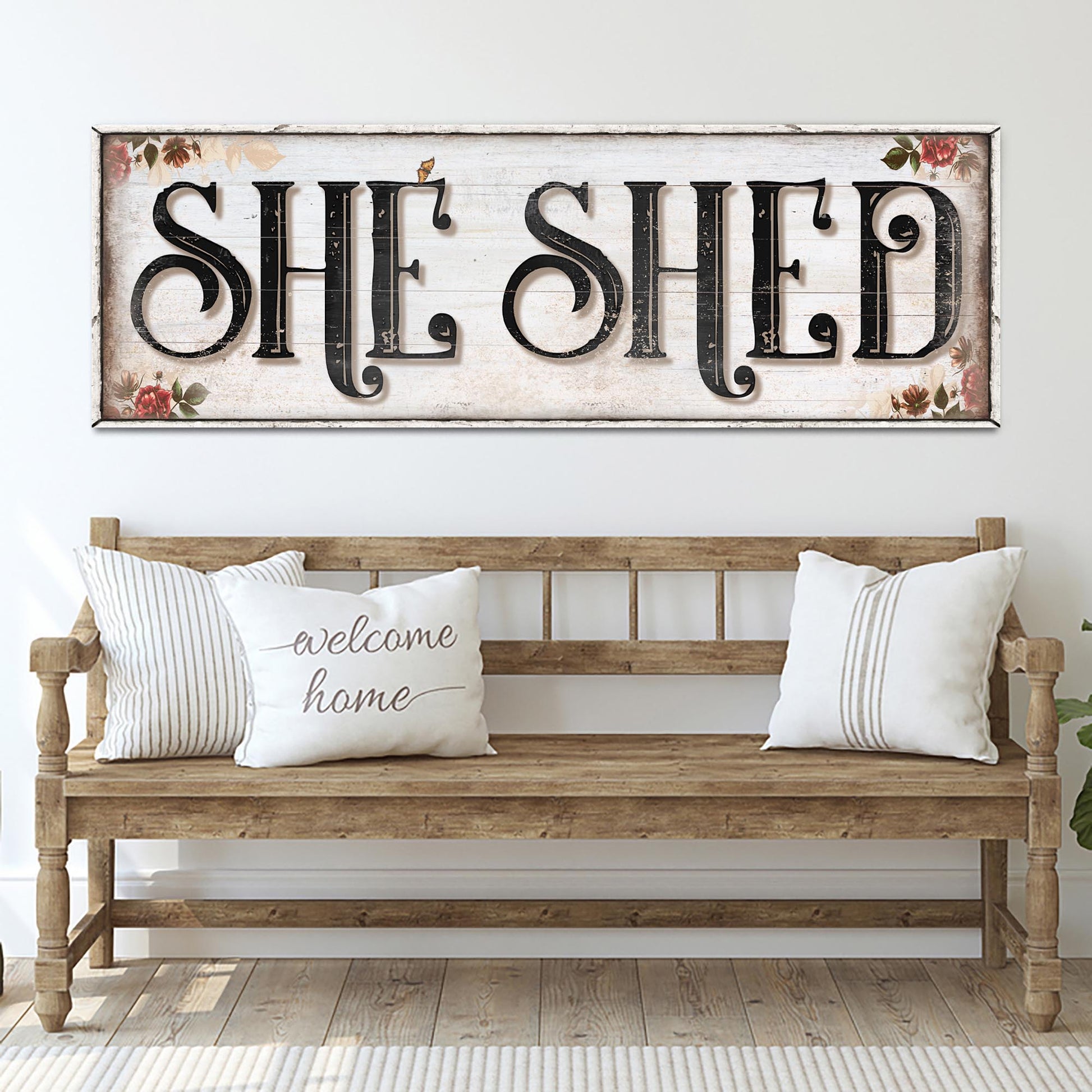 Personalized She Shed Sign XV canvas with rustic whitewash and floral corner accents Tailored Canvases on Tampa Home & Garden Store
